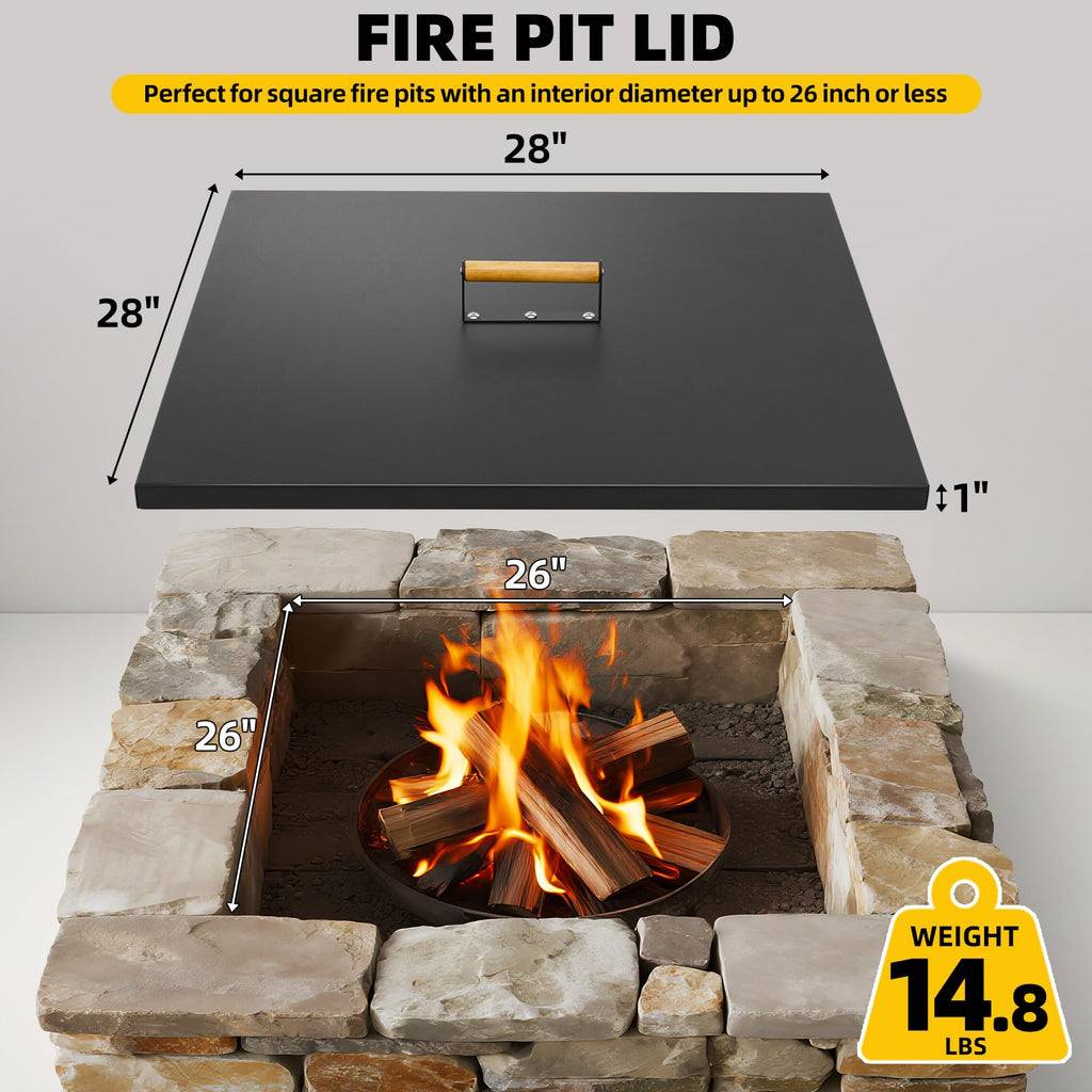 Firepit Lid Square, Rust Resistant 28" Fire Pit Lid Cover with Handle&Gloves