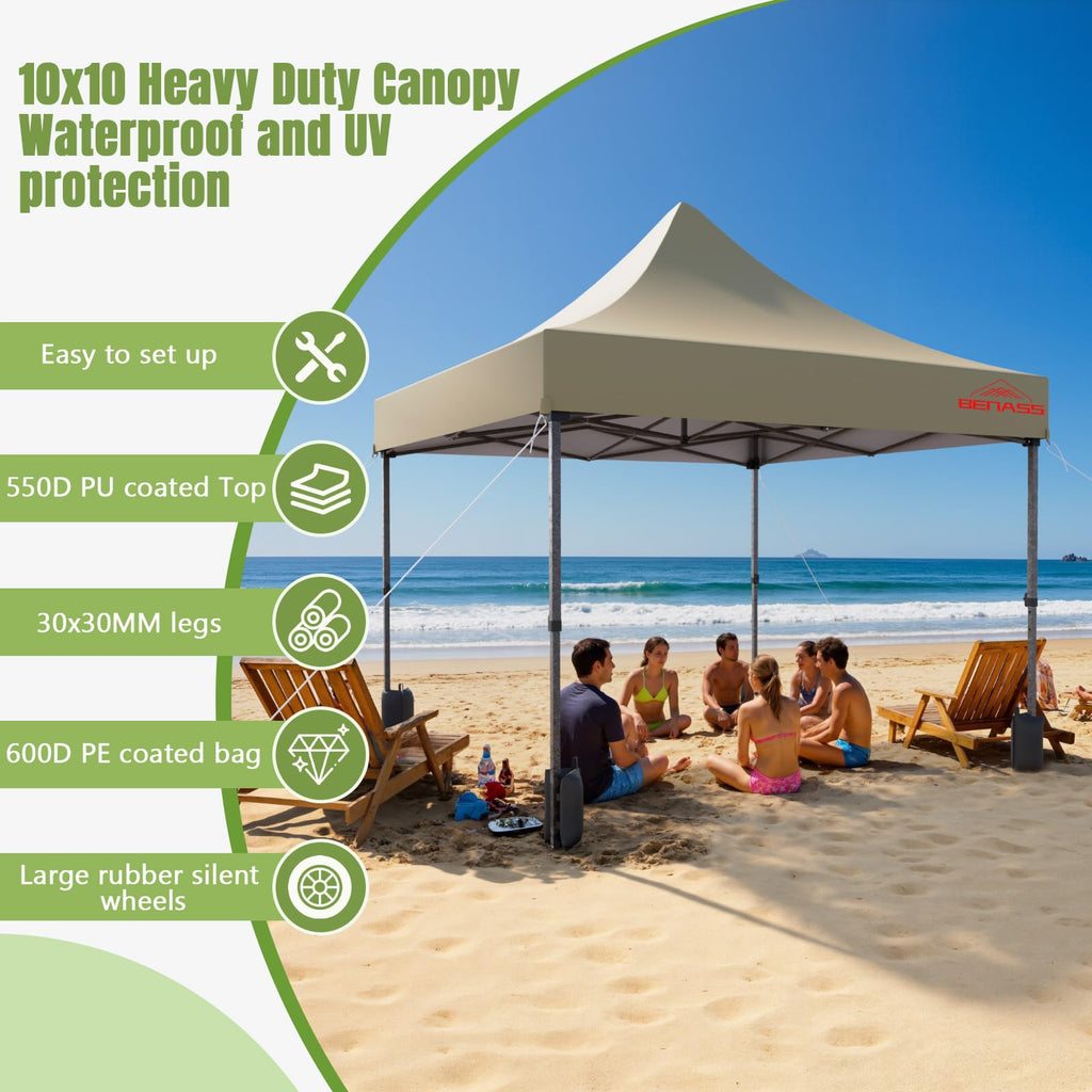 10x10 Heavy Duty Commercial Pop Up Canopy with Sidewalls, Khaki