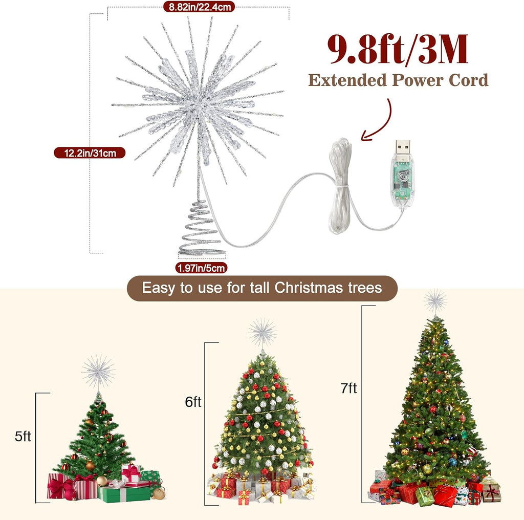 12" Crystal Lighted Christmas Snowflake Tree Topper, Silver