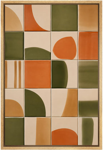 Framed Canvas Print Wall Art Retro Tile Geometric Block Earth‐Tone Illustration Modern Art Decorative Zen - 16"x24"