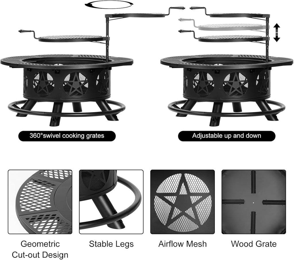 36 Inch Fire Pit with 2 Grills, Wood Burning Fire Pits for Outside with Lid & Poker