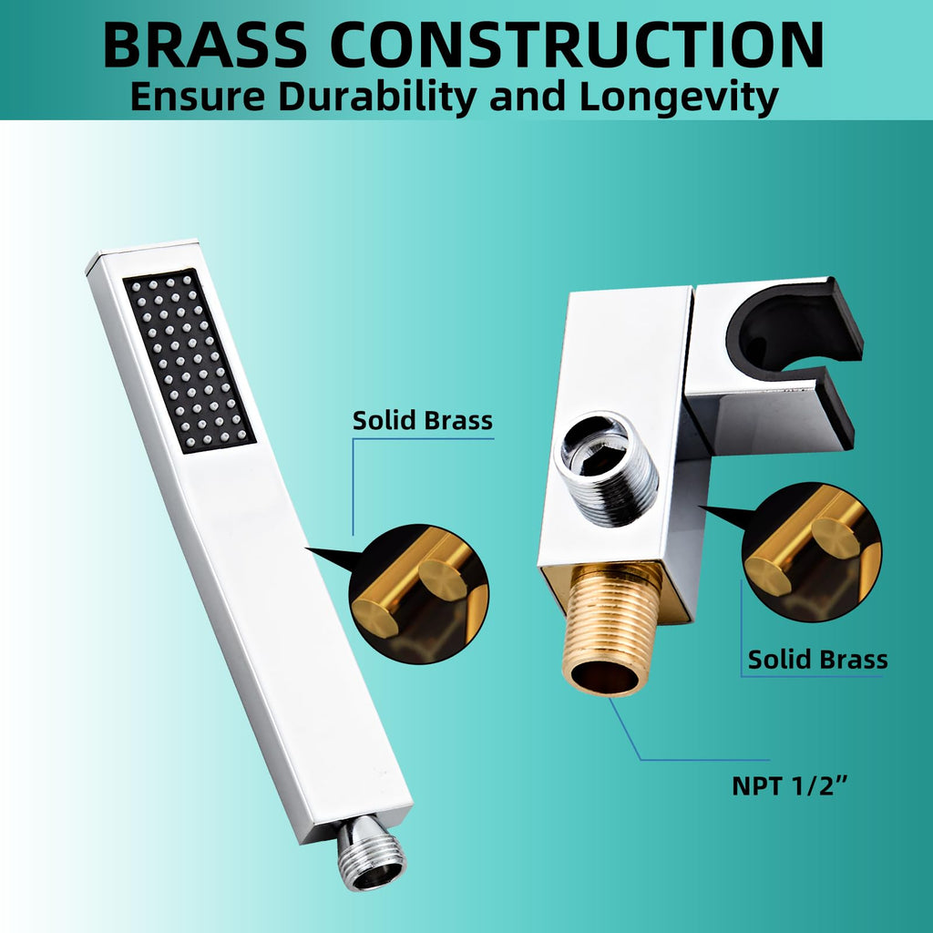 Bathroom Square Chrome Solid Brass Hand Held Shower Head With Wall Connector and Hose System Wall Mount Handheld
