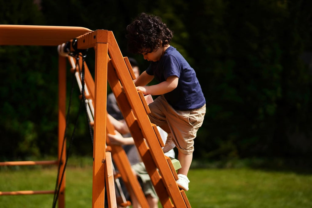 Sycamore Wooden Swing Set with Climbing Ladder, 2 Belt Swings & Trapeze Bar - Outdoor Backyard Jungle Gym Playground