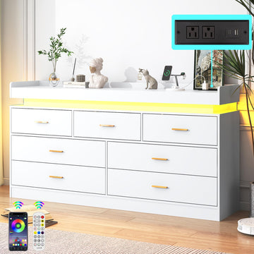7 Drawer Dresser with Charging Station and LED Lights, Modern Chest of Drawers with Power Outlet, Organizer Cabinet