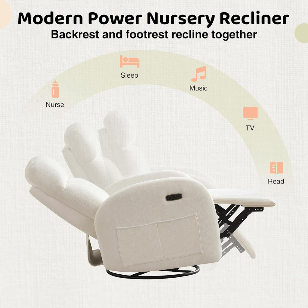 Power Nursery Glider Recliner, Chenille Electric Rocker Recliner with Type-C & USB Port, Nursery Swivel Rocker