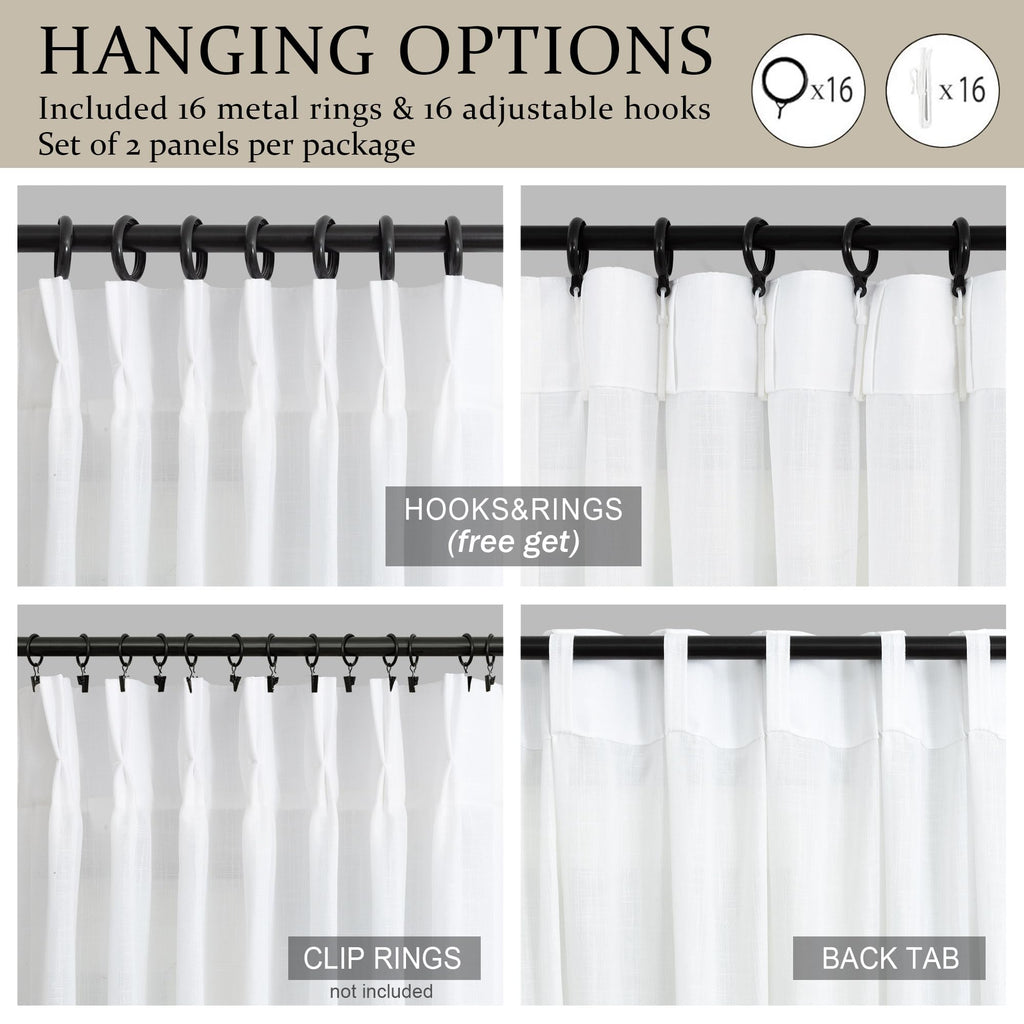 White Cafe Curtains 48 Inch Length for Windows Set 2 Panel Pinch Pleated Back Tab Short Thick Sheer Linen White