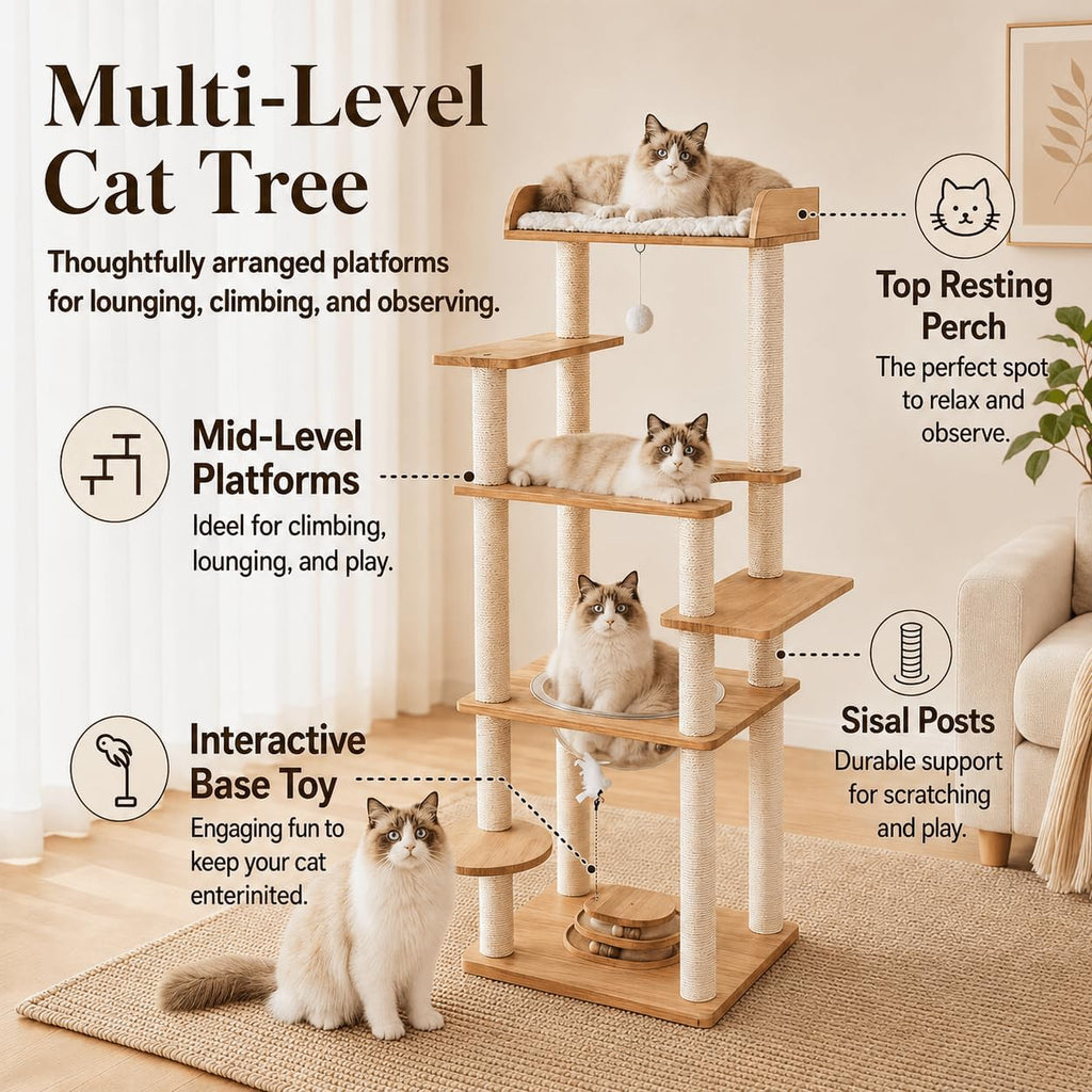 56in Wooden Cat Tree for Large Cats, Tall Sturdy Cat Tower