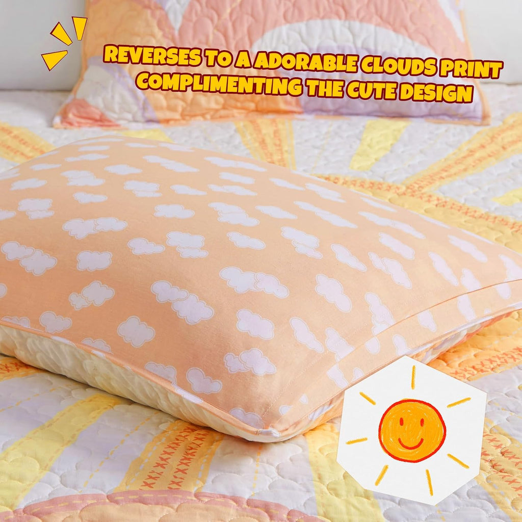 Kids Twin Quilt Bedding Set, Cotton Coverlet Sun Girls Bedding Set Rainbow & Clouds Reversible Dawn Light & Breathable Sham Throw Pillow Twin Yellow/Coral 3 Piece