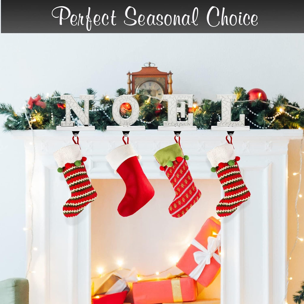 Stocking Holder for Mantle - 4pc N O E L Christmas Stocking Holders Nickel - Stocking Holders with Velvet Bottom