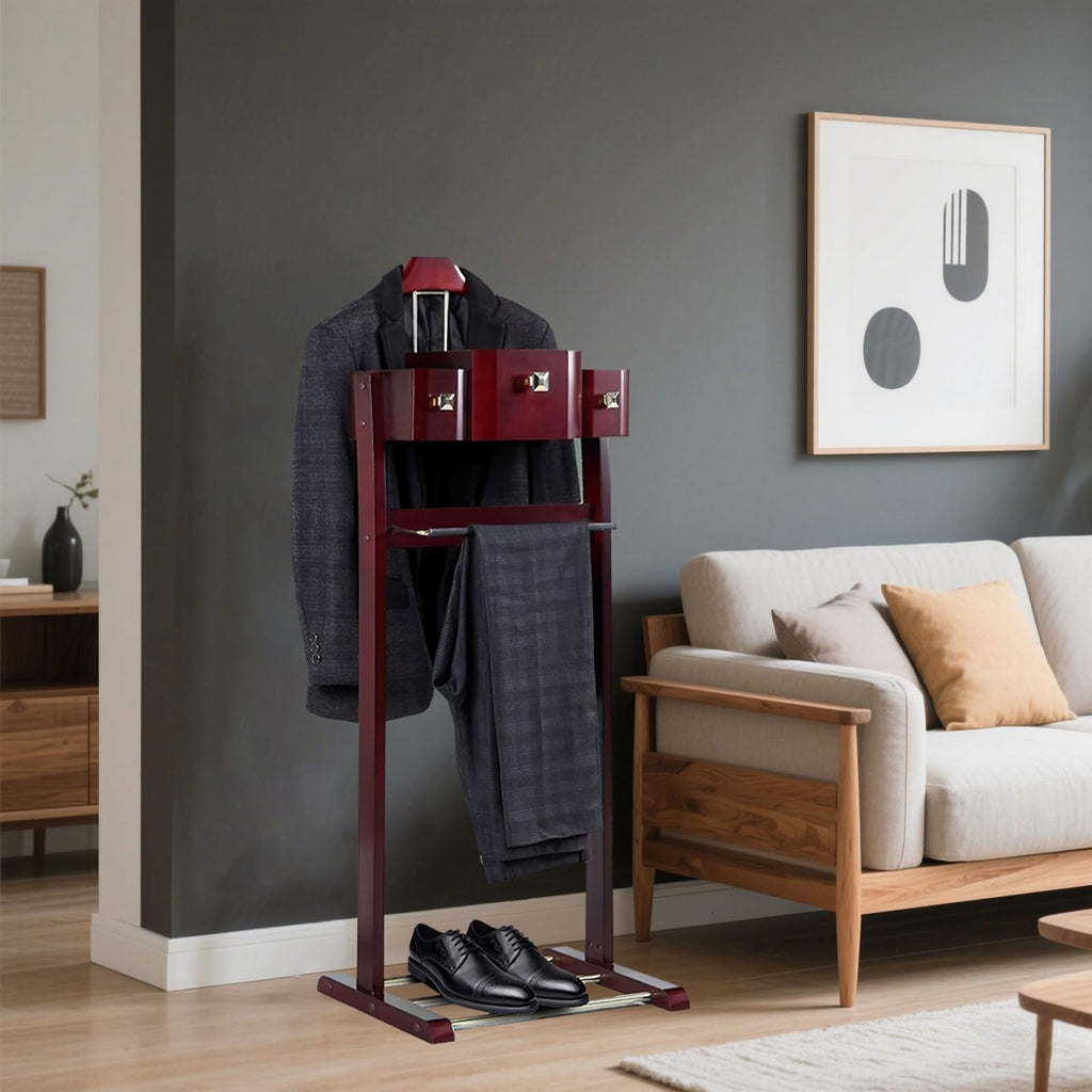 Mens Valet Stand With Top Tray Non-Slip Trouser Bar Clothes Valet Suit Stand Freestanding Clothes Rack Entryway