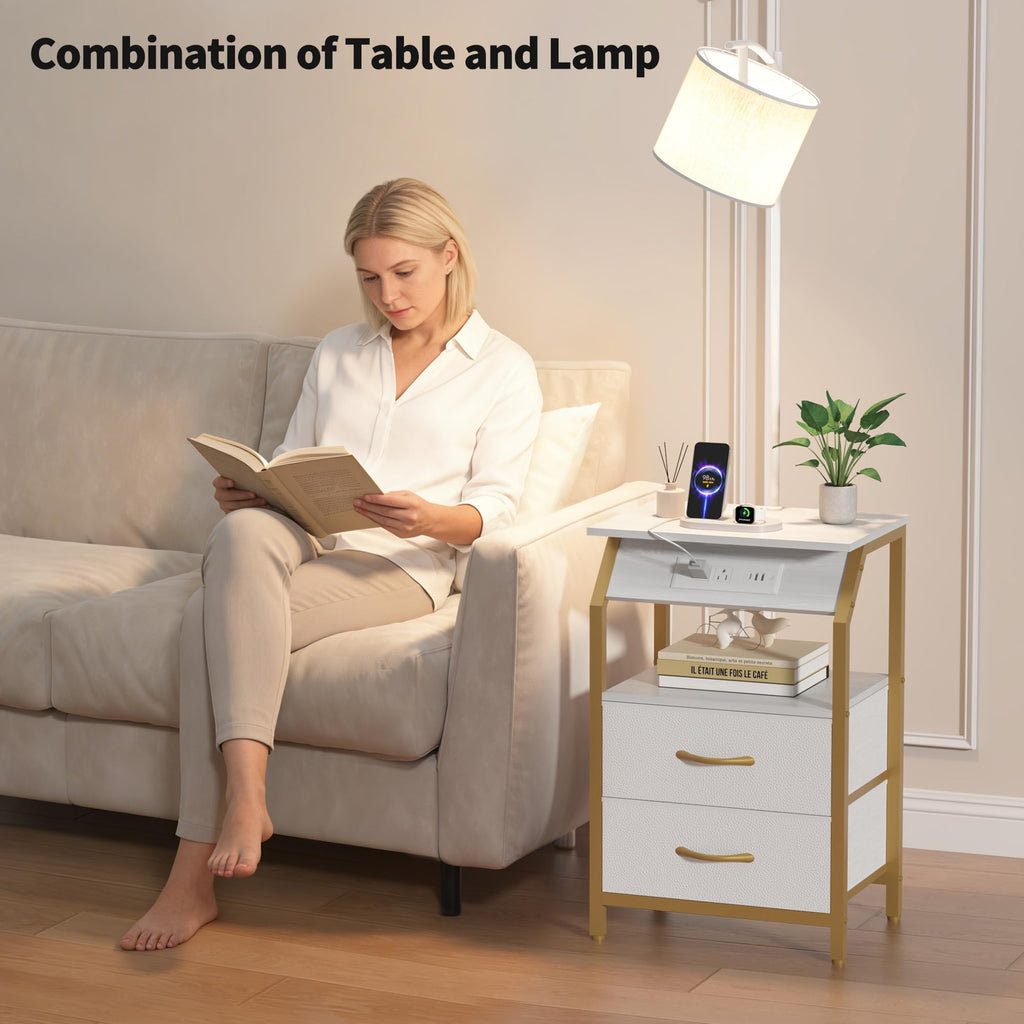 End Table with Floor Lamp, Nightstand with Charging Station, Floor Lamp Table with 3-Color Temperature Bulb, Bedside