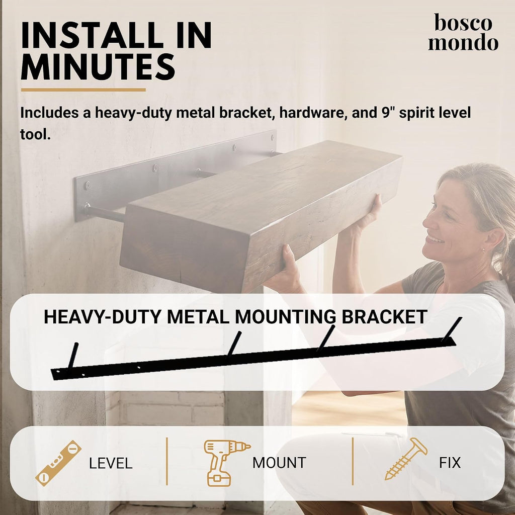 Solid Wood Shelf, Floating Mantle for Living Room, Farmhouse Rustic Wood Mantel, Easy Wall Mount with Heavy-Duty