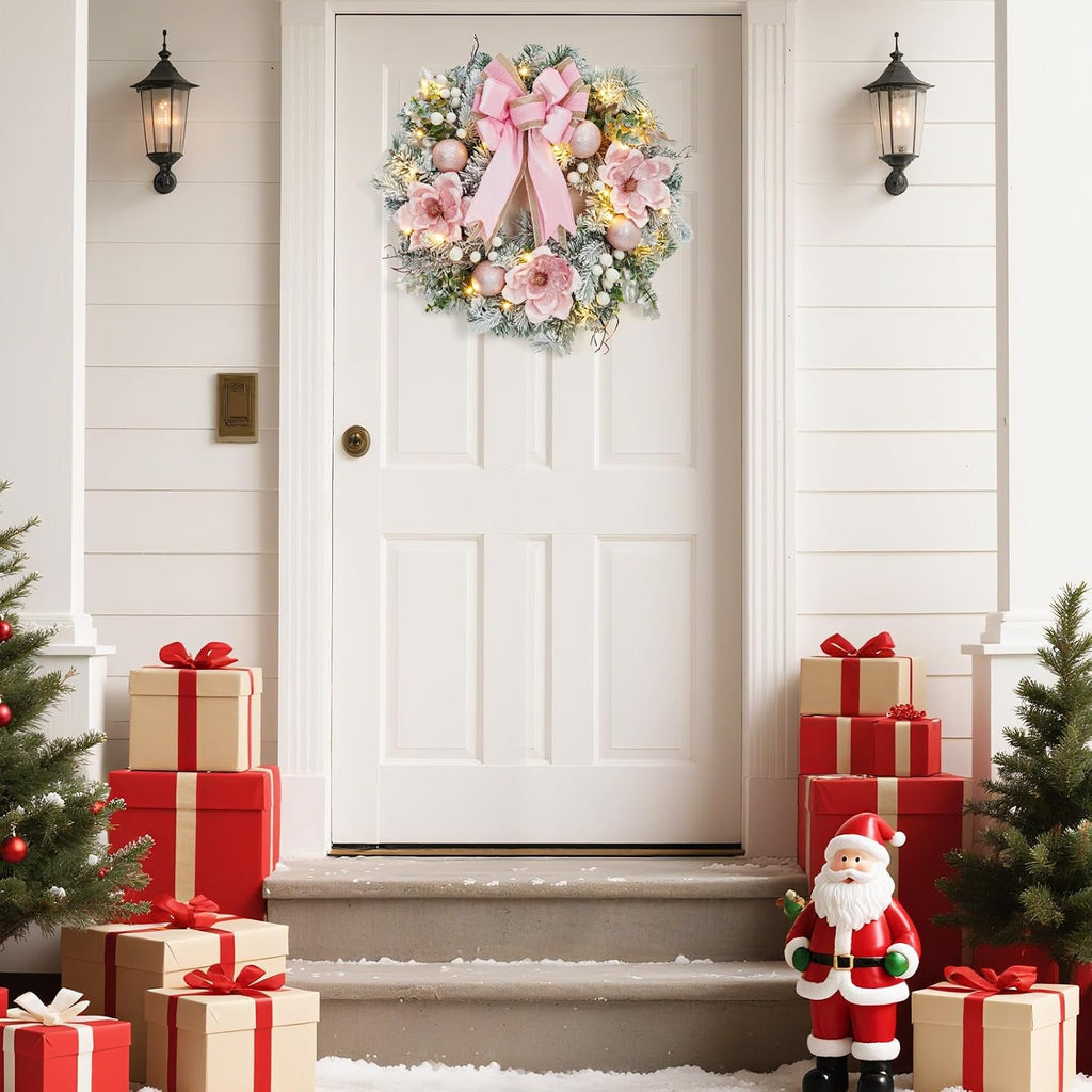 Pre-Lit Christmas Wreath for Front Door, 24 Inch Large Xmas Wreath for Holiday Decor, Battery Operated Xmas Lighted