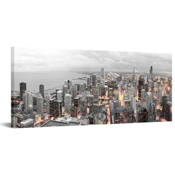 Chicago Skyline Wall Grey Yellow Picture Prints 20''X48''