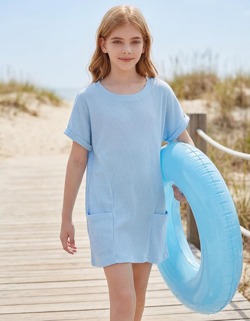 Girls Waffle Knit Swimsuit Coverup Fashion Crewneck Short Sleeve Beach Bathing Suit Dress with Pockets