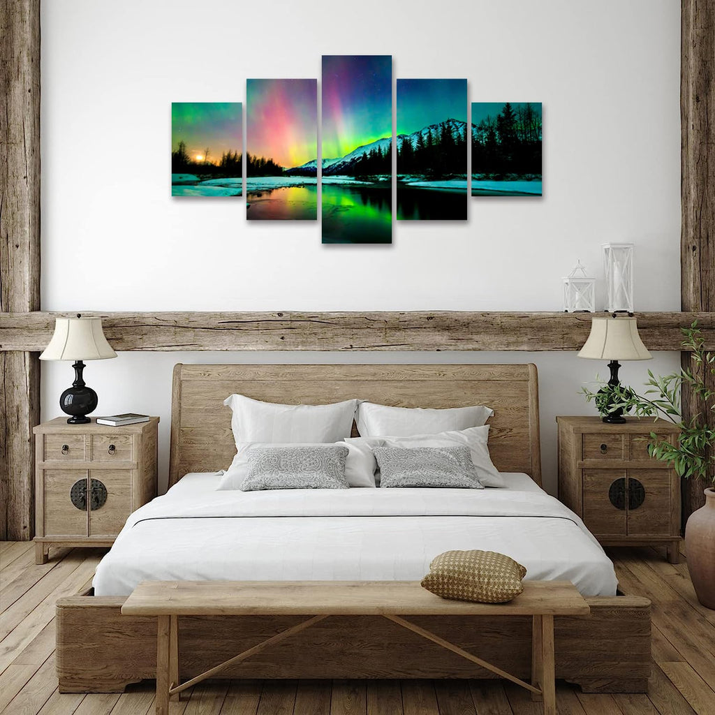 Northern Lights Wall Art Alaska Posters Canvas Landscape Artworks Mountains Picture Office Wall Decor (60Wx32H)