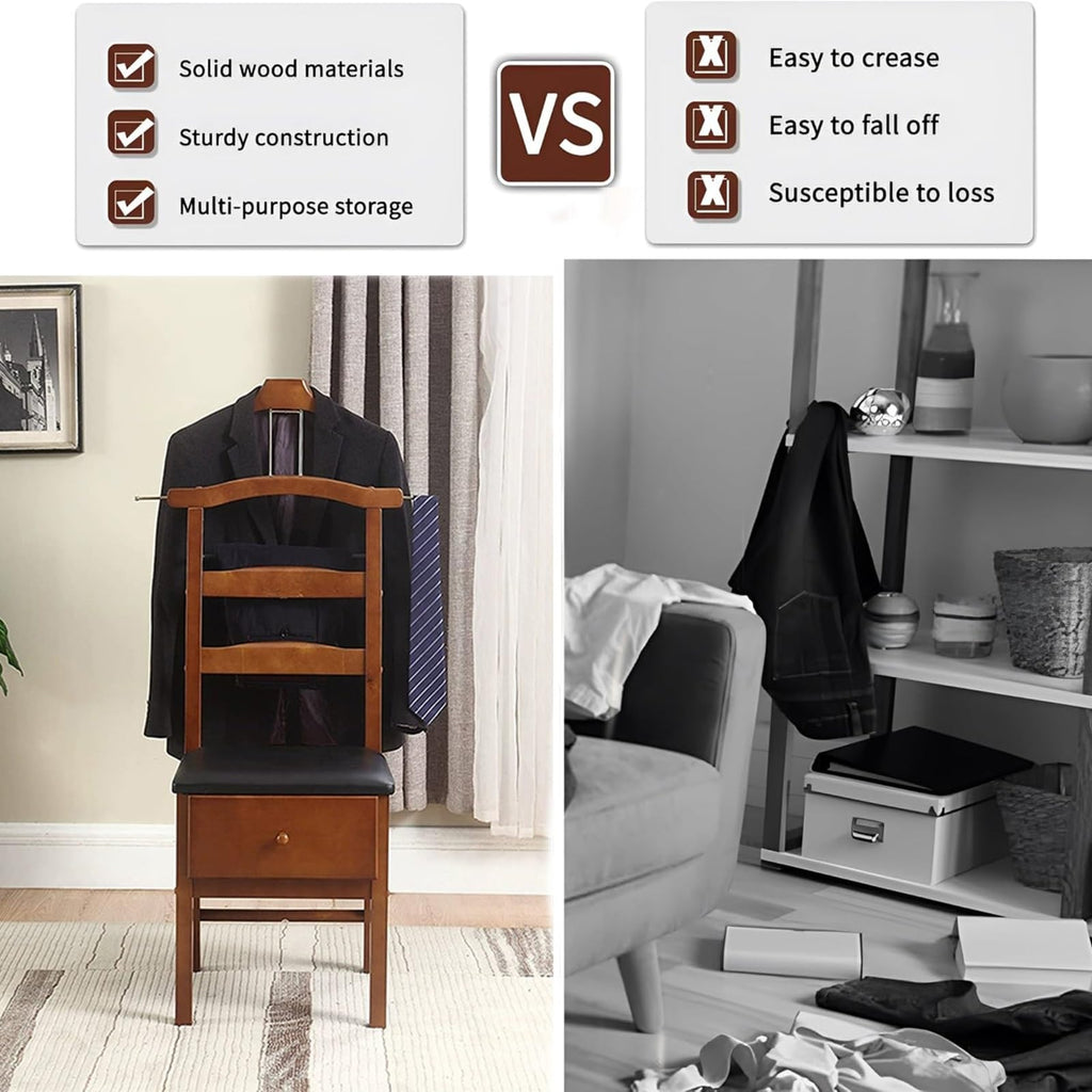 Chair Valet With Drawer, Wooden Suit Valet Stand With Contour Hanger, Trouser Bar and Tie & Belt Bar, 18" W x 23" D x