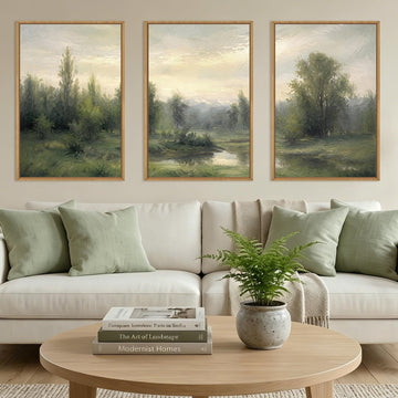 Abstract Monet Forest Canvas Wall Art 24x36 Inch Vintage Framed Sage Green Nature Painting Textured Neutral Woodland