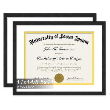 Black 11x14 Diploma Frame Set of 2 Display 8.5x11 Certificate with Mat