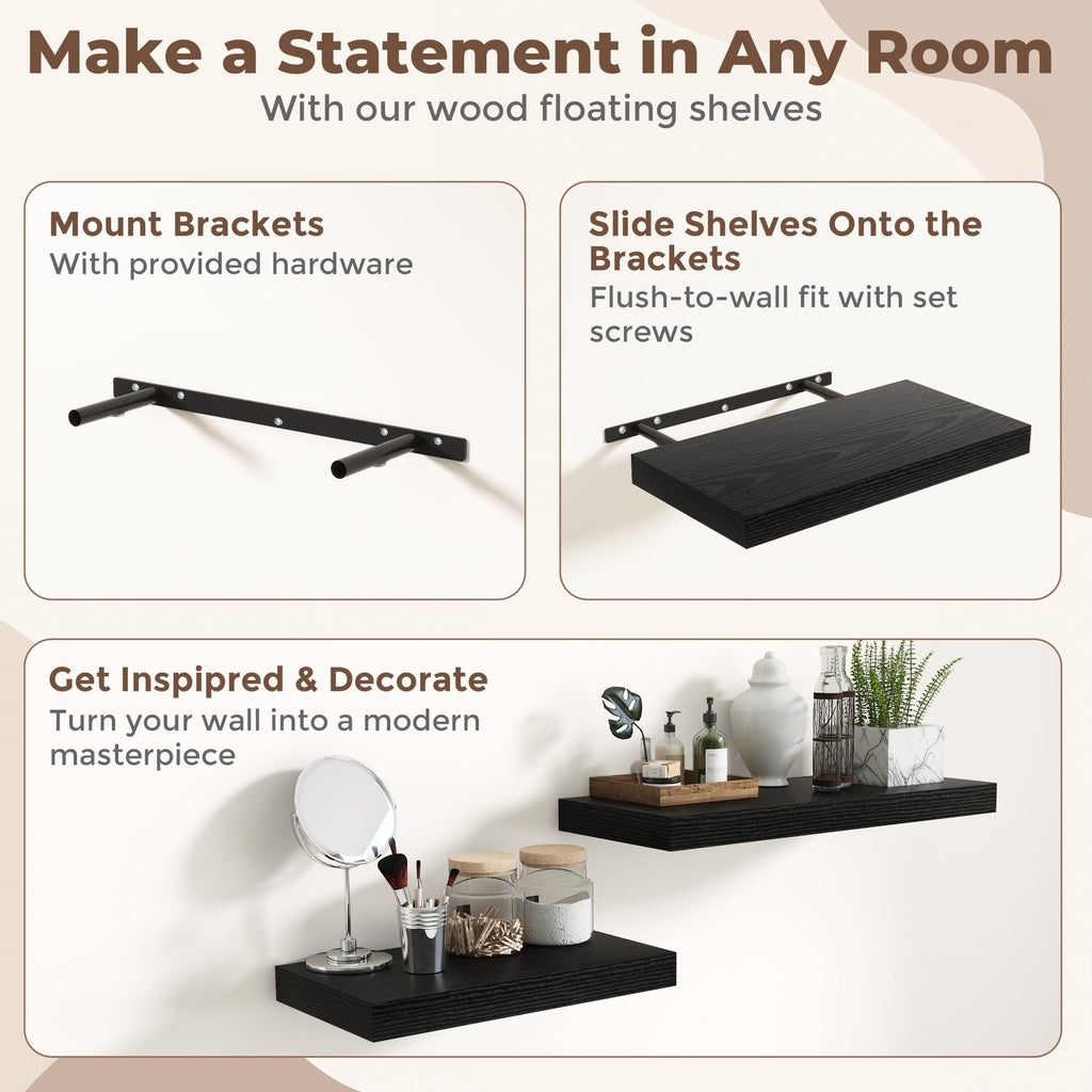 12 Inch Deep Floating Shelves for Wall, 20 x 12 Rustic Wood Gra Shelves with Invisible Brackets, Easy Install Wood