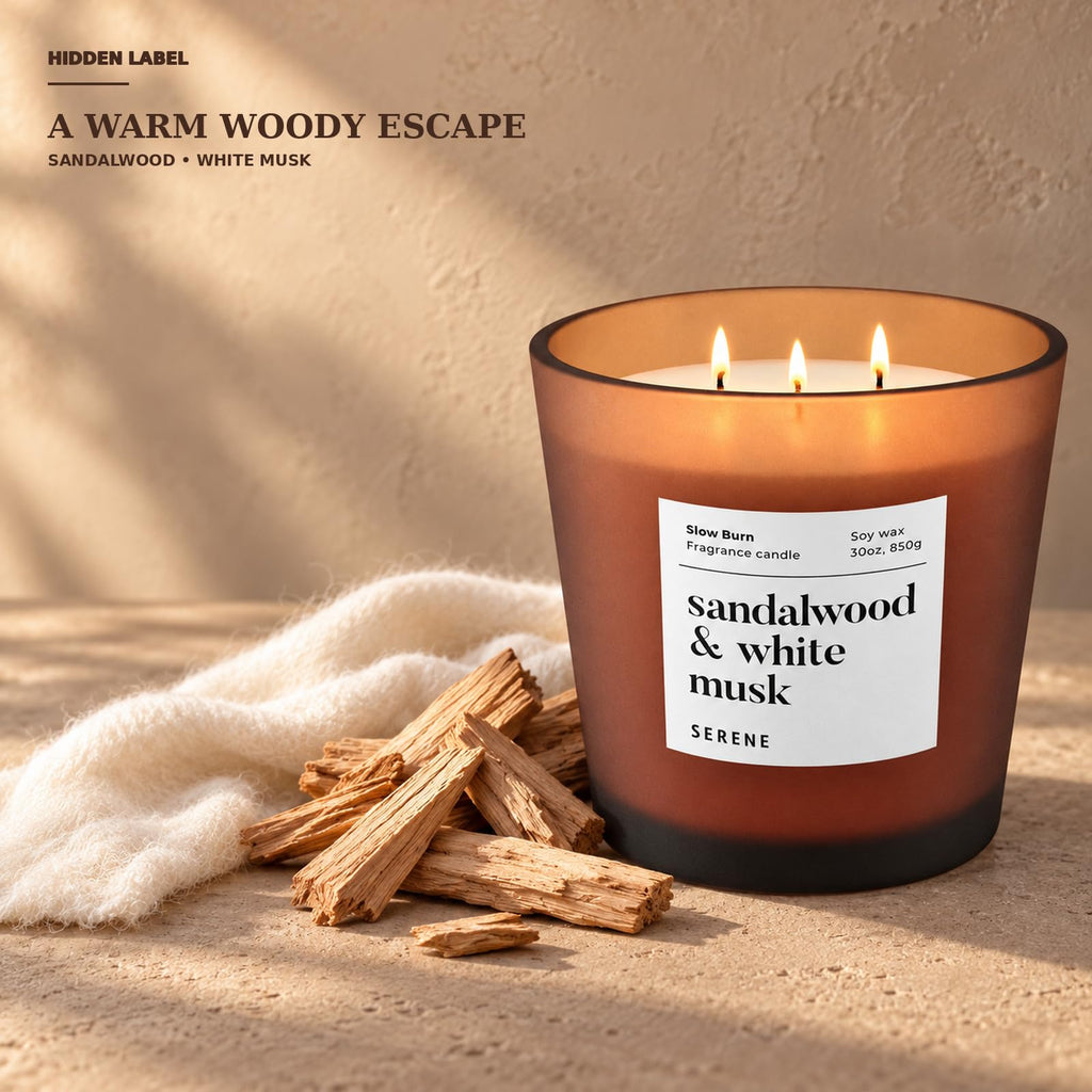 Sandalwood White Musk Scented Candle, 30 oz Soy Wax, 3-Wick