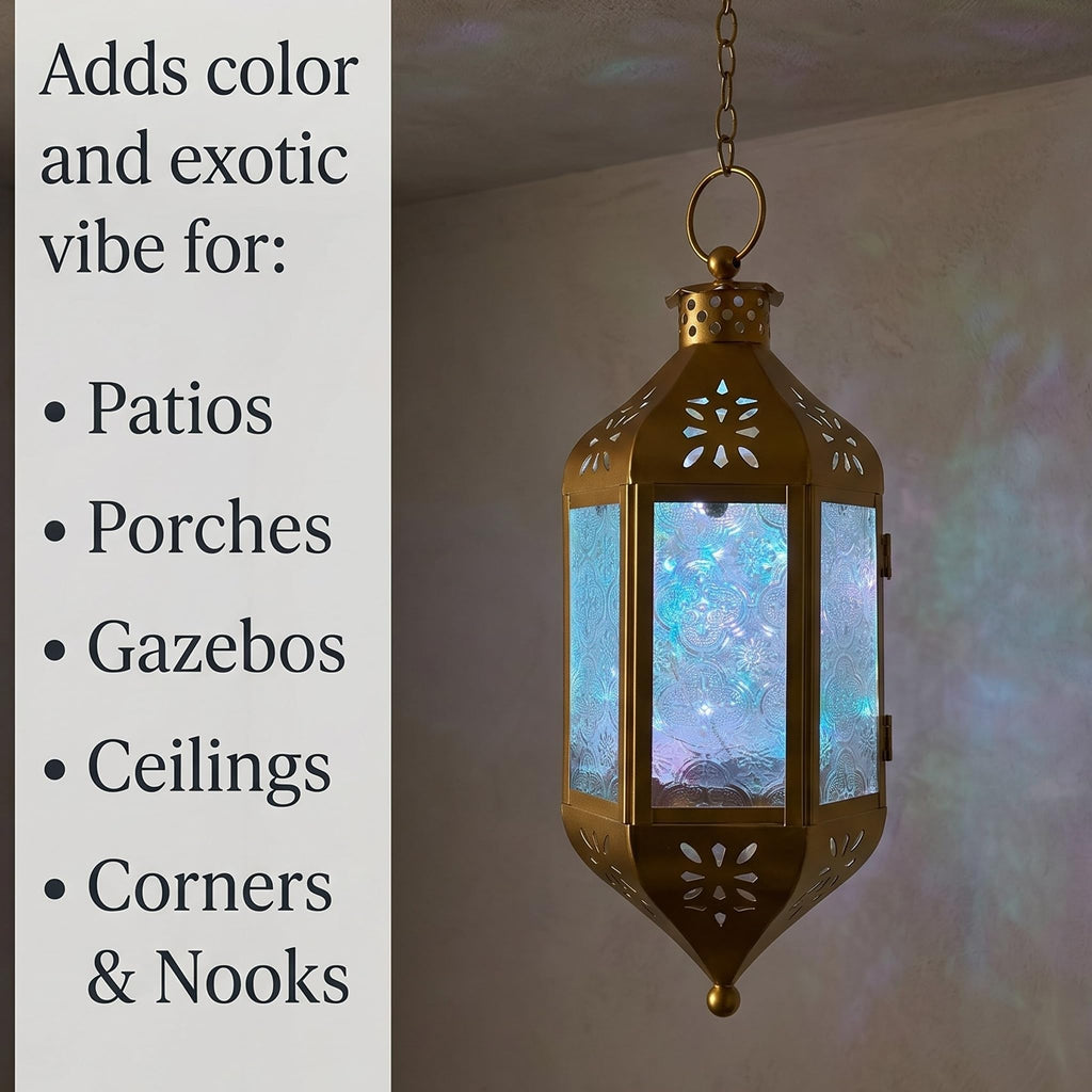 Hanging Moroccan Lantern with LED Twinkle Fairy Lights - Exotic Decorative Patio & Porch Decor, Indoor Outdoor Candle