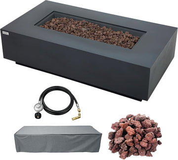AMS 60" Rectangular Concrete GFRC Propane Gas Fire Pit Table (Dark Gray) | (Madison) Smooth Texture Fire Pit Table