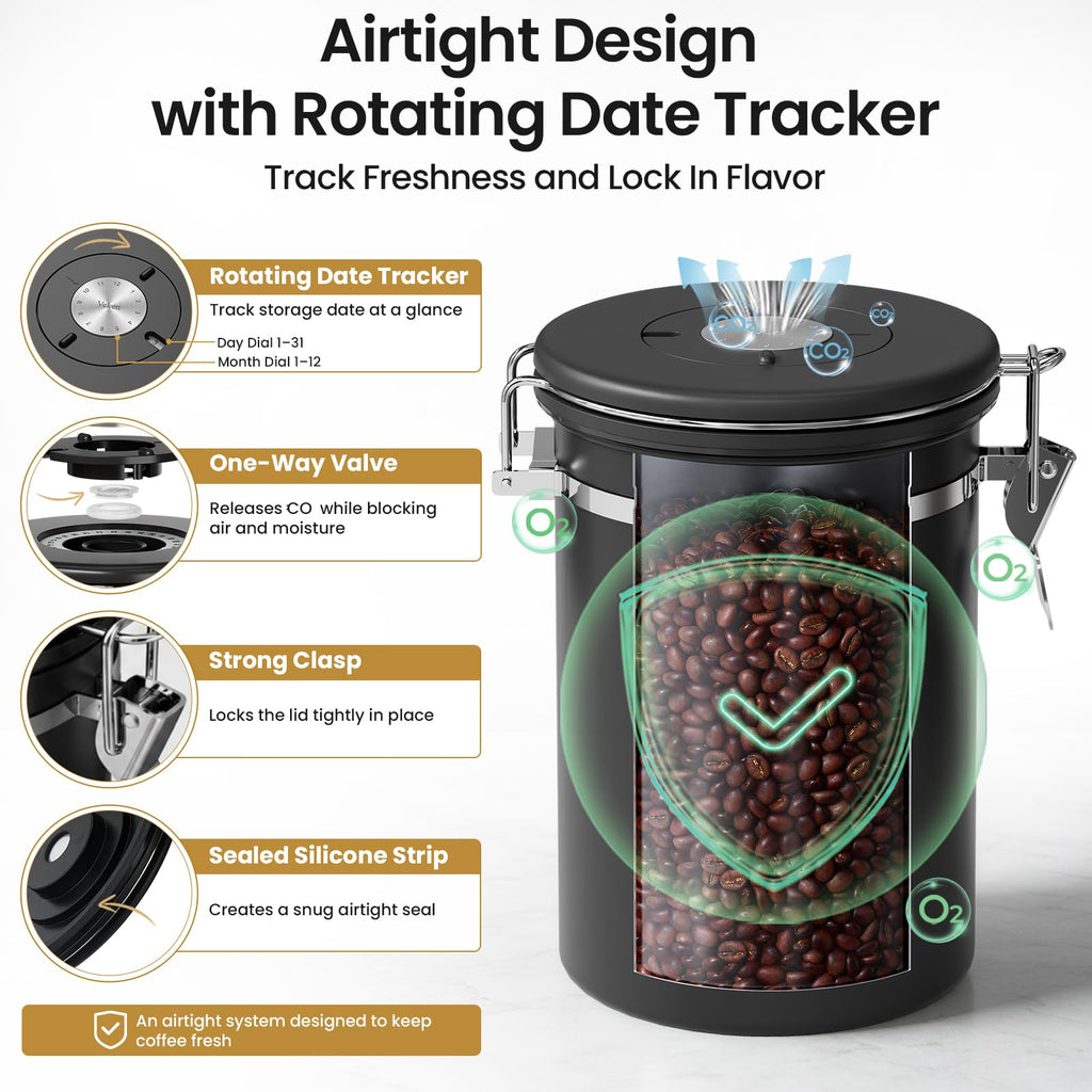 Coffee Canister with Window, Airtight Stainless Steel Container, 22OZ
