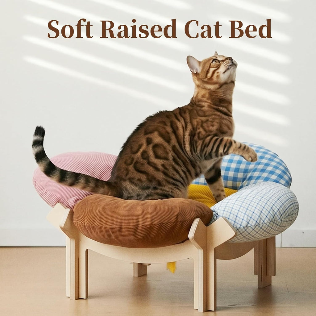 Elevated Cat Bed Wooden, Cat Couch Fluffy, Cat Sofa Flower for Indoor Cats, Raised Cat Bed with Washable Fluffy