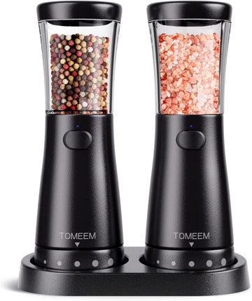 Electric Salt and Pepper Grinder Set with Storage Base, Stainless Steel Rechargeable Salt and Pepper Grinder Set - Set of 2
