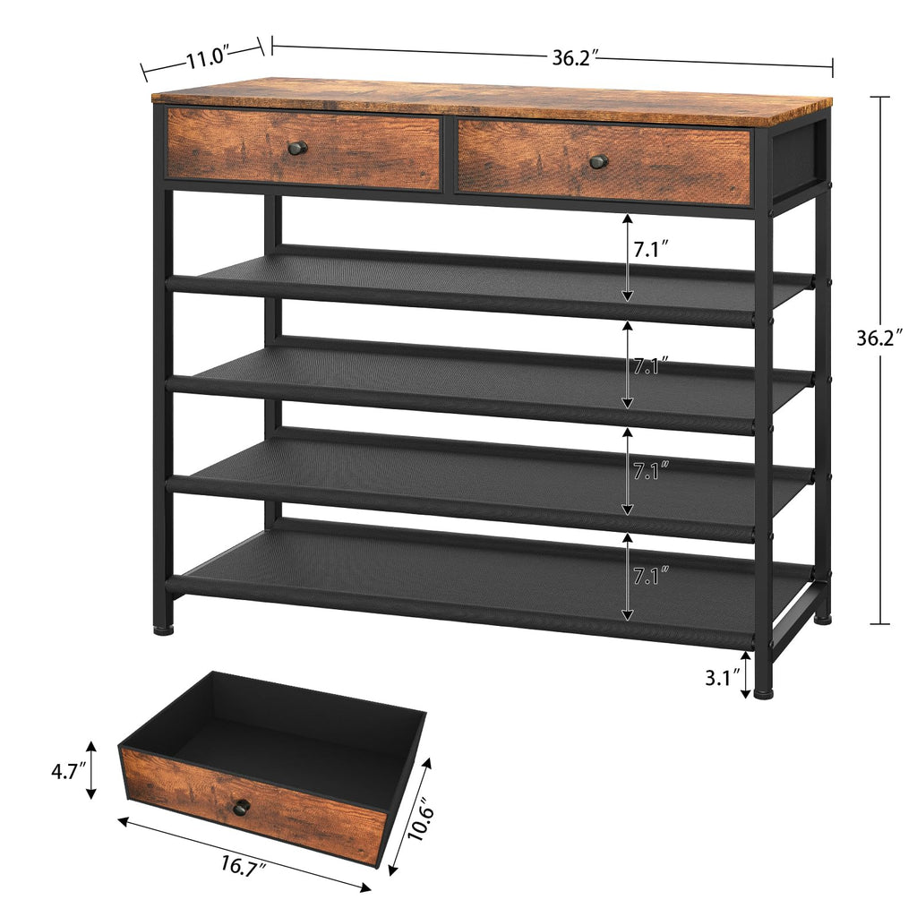 Shoe Rack, 5 Tier Shoe Storage Organizer with 2 Drawers, Metal Shoe Shelf for 16-20 Pairs of Shoes, with 4 Oxford