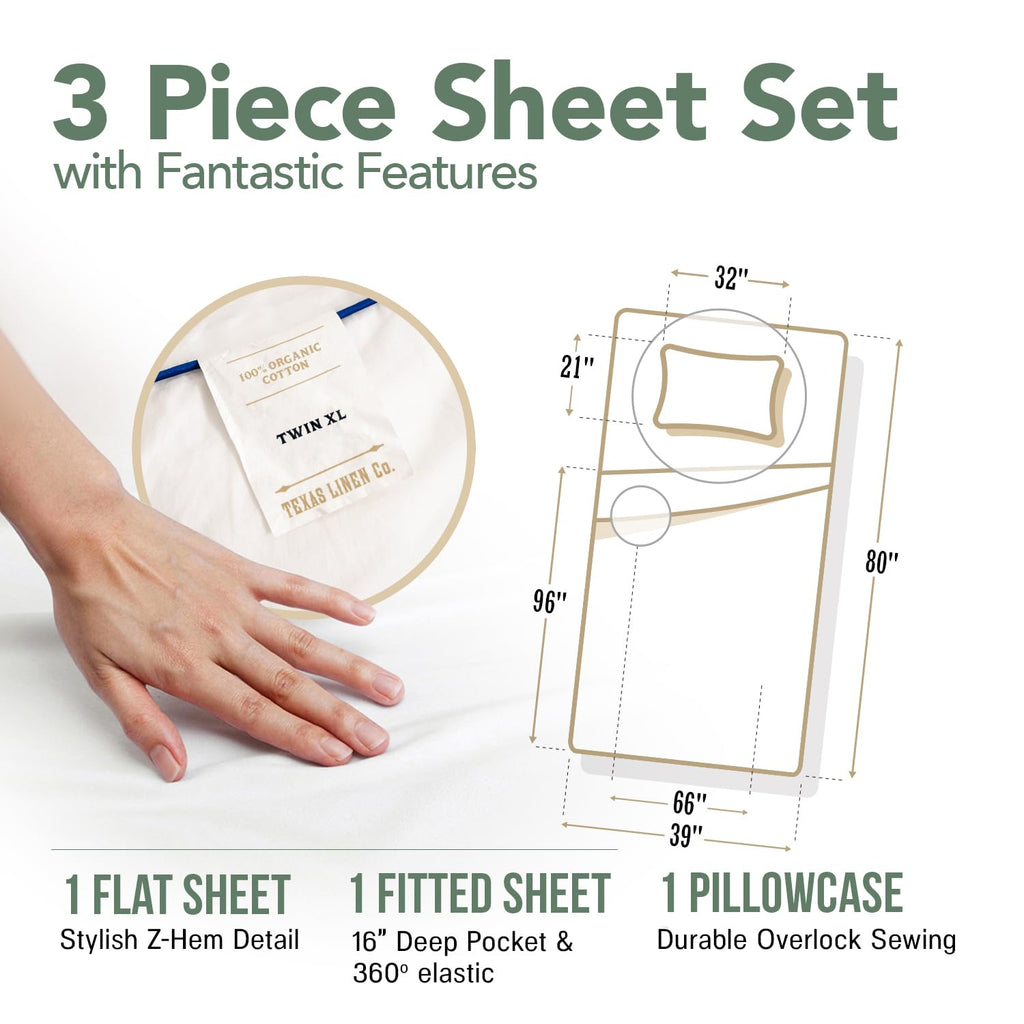 100% Organic Cotton Percale Sheets Twin XL Size Pack or 2 - Soft & Crisp Organic Cotton Sheets Twin XL Size (6 PC