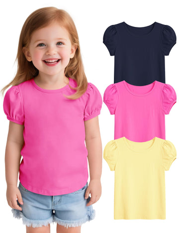 3 Pack Toddler Girl Shirts Cotton Baby Girls T-Shirts Basic Short Sleeve Tee Tops Navy Blue/Yellow/Rose Pink