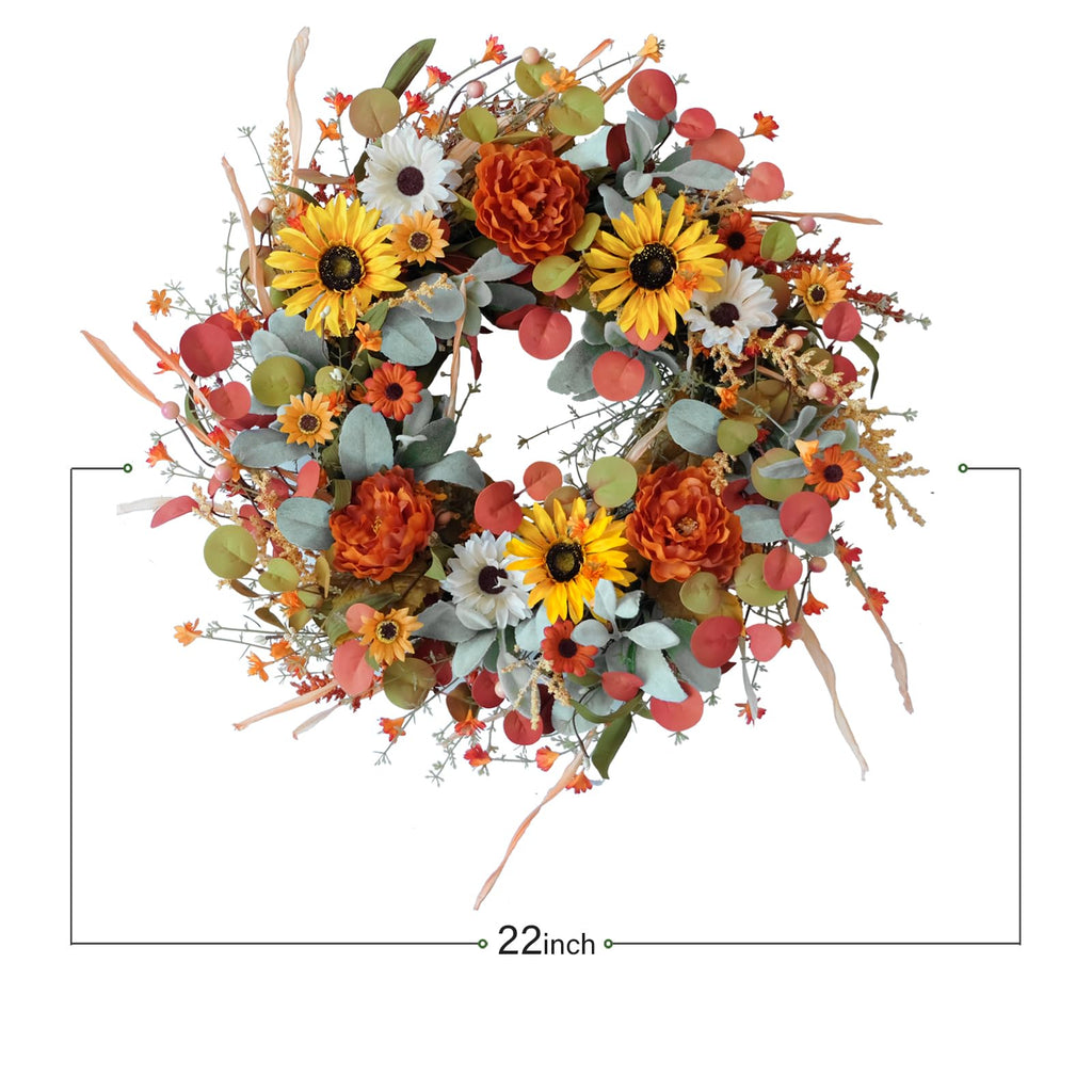 22 inch Artificial Autumn Peony Daisy Wreath Multiple Leaf Wreath