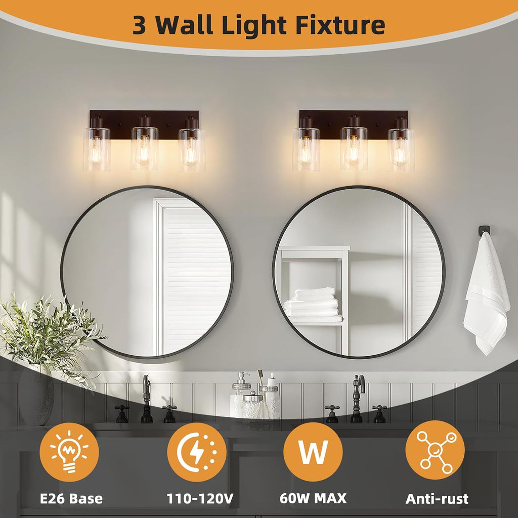 3 Lights Bathroom Light Fixtures Oil Rubbed Bronze Vanity Light with Clear Glass Shade 18in Modern Bathroom Lighting