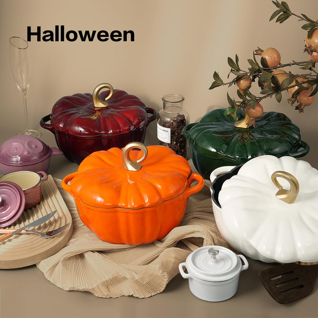 Pumpkin Dutch Oven Pot with Lid 3.8 Qt, Enameled Cast Iron, Halloween Decor