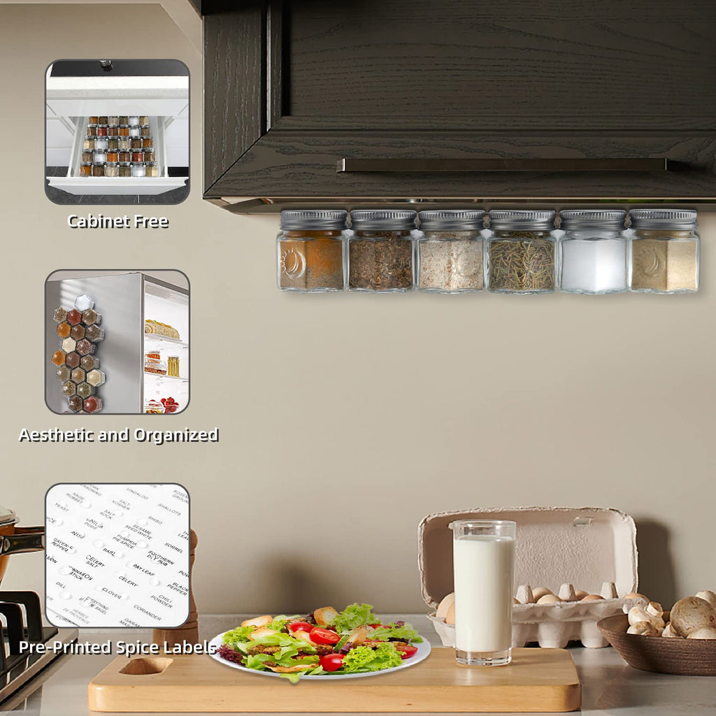 Set of 24 Hexagon Glass Spice Jars with Shaker Lids and Labels for Refrigerator, Kitchen, RV Travel Trailer Magnetic