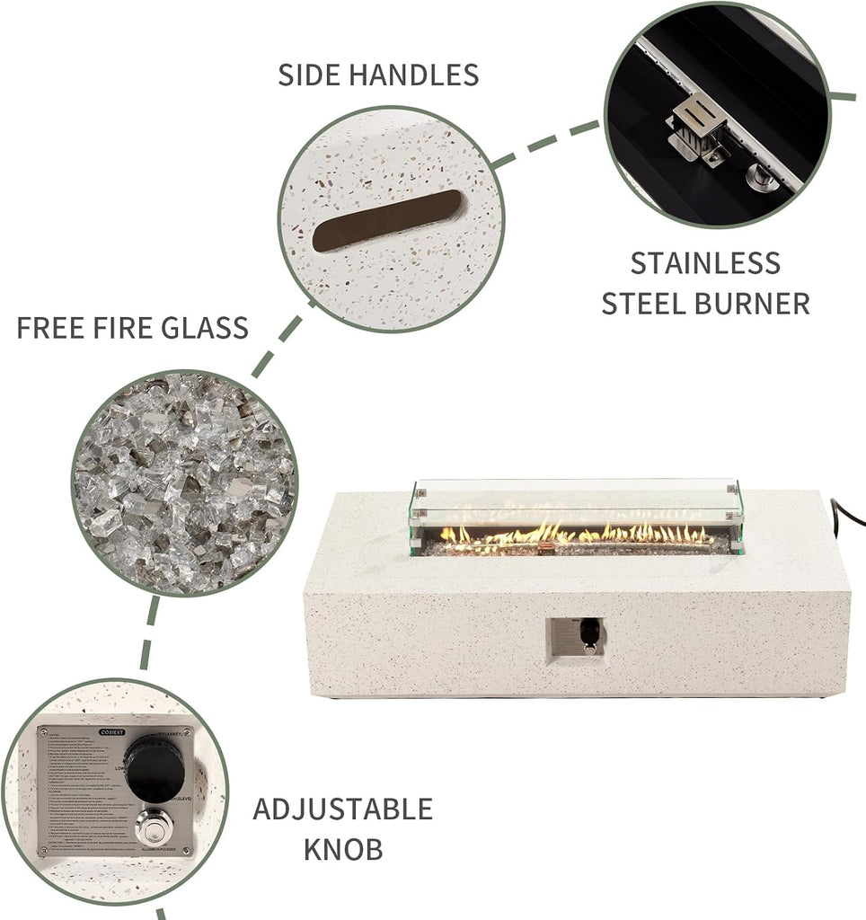 Outdoor Propane Fire Pit Table, 56" x 28" Rectangle, Terrazzo White | Concrete-Like Finish, Certified, 50,000 BTU