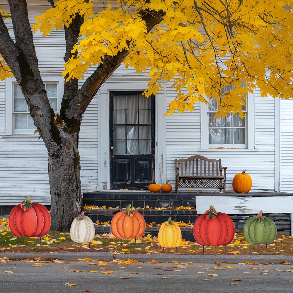 Fall Decorations Outdoor, 34" 2PCS Decorative Garden Stakes with 6 Pumpkins for Fall Decor, Metal Yard Signs Outside