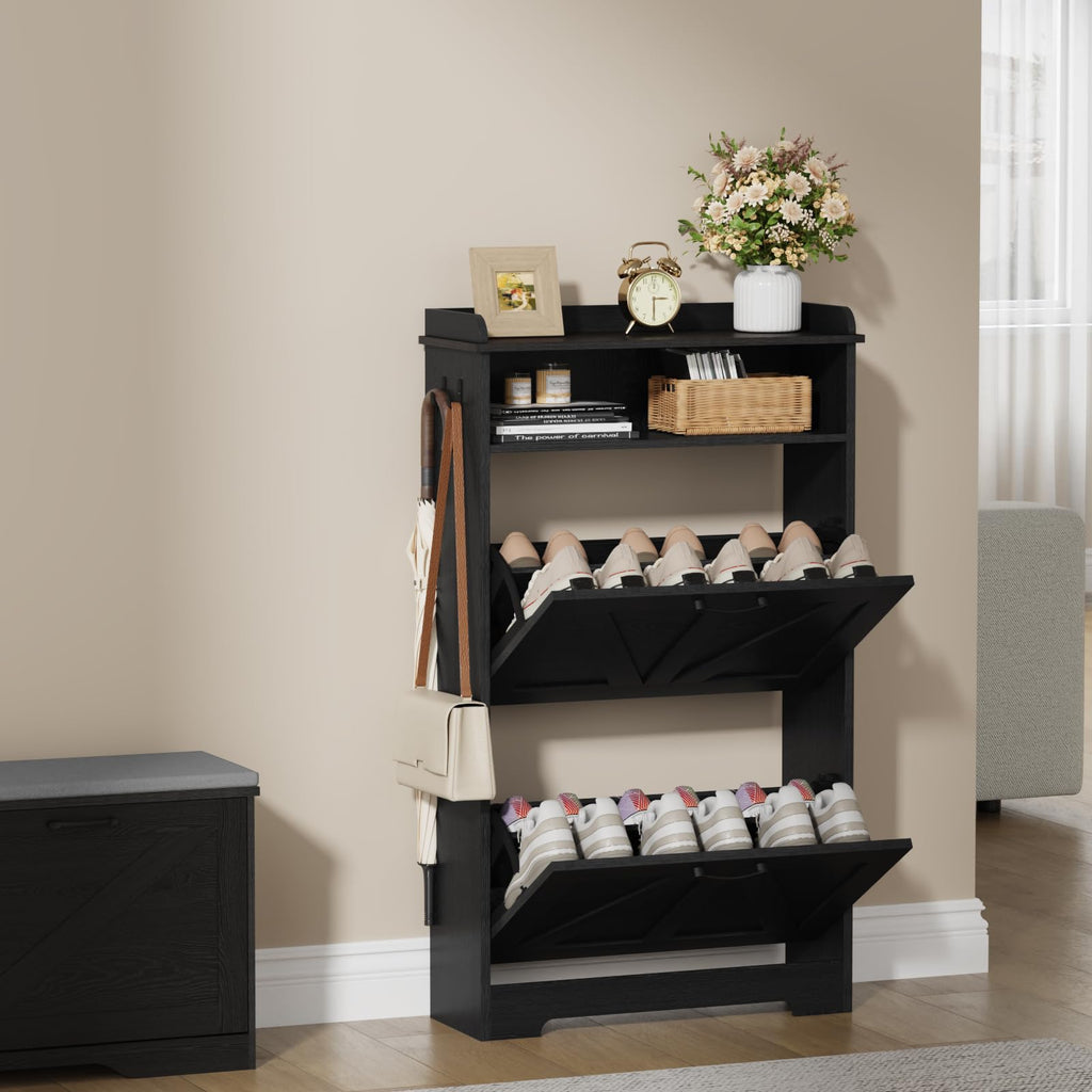 Farmhouse Narrow Shoe Cabinet with 2 Flip Drawers, 23.6" W Black