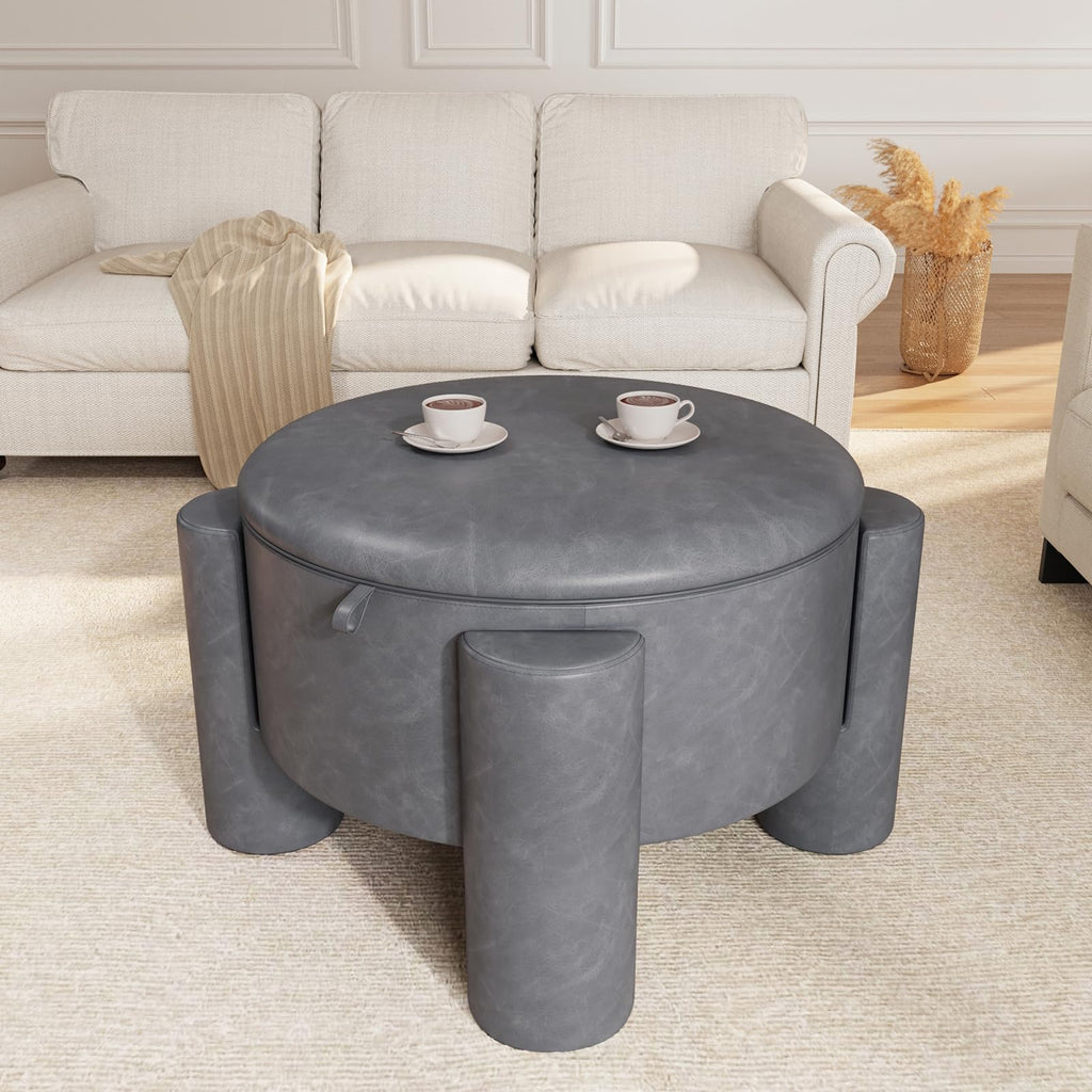 24 Inch Round Small Ottoman with Storage, Faux Leather