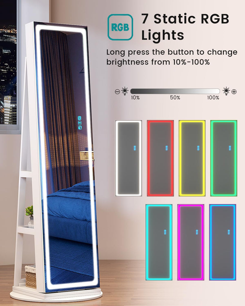 Mirror Jewelry Cabinet Standing with RGB Lights, 360° Swivel, Lockable