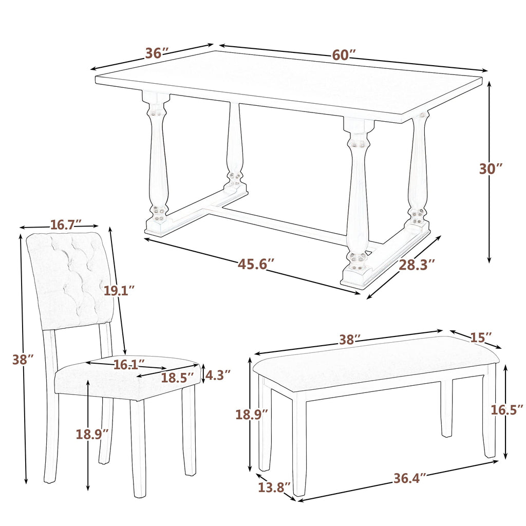 6-Piece Classic Dining Table Set with Special-Shaped Legs and Cushions Chairs, Modern Dining Table Set with Bench and