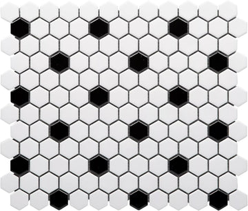 White and Black Hexagon Polished Porcelain Mosaic Tile - Classic Glossy Geometric Wall and Floor Tile , and