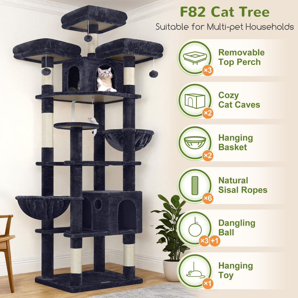 Cat Tree Tower for Multiple Adult Cats, 82in, Dark Grey