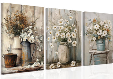 Rustic Farmhouse Floral Daisy Canvas Wall Art Set of 3 Vintage Country Flower Posters Wall Decor Wood Grain Paintings