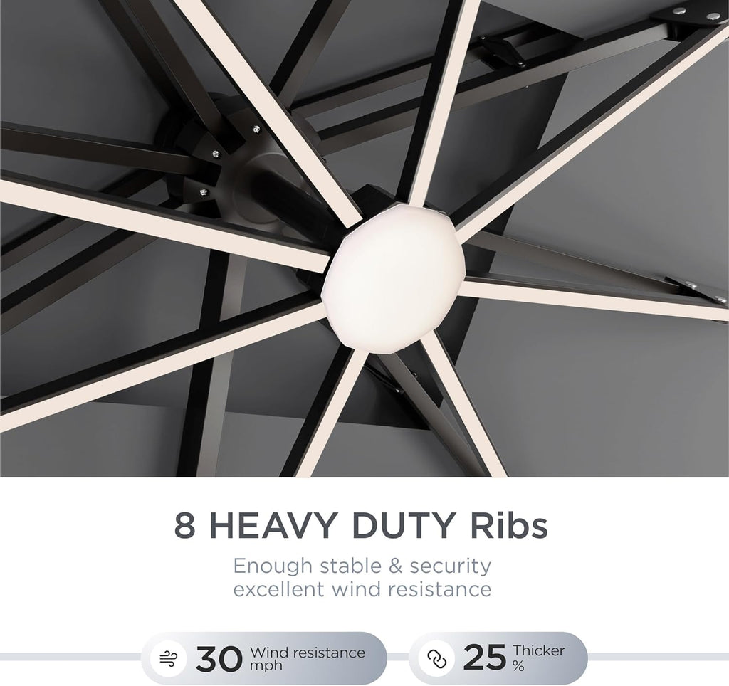 10' X 13' Patio Umbrella with Weighted Base and LED Lights Outdoor Cantilever Large Rectangle Offset Umbrellas Heavy