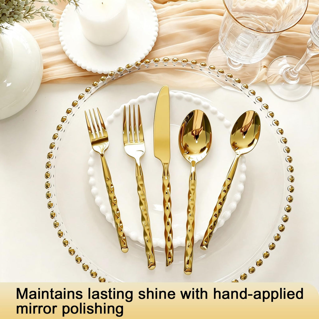 Gold Silverware Set 18/10 Stainless Steel Spiral-shaped Flatware Set, 20-Piece Hand Forged Mirror Finish Cutlery