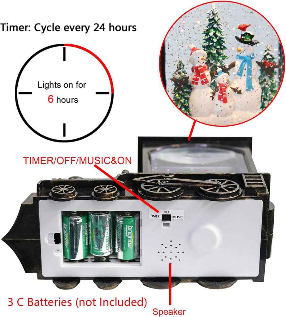 Christmas Train Snowman Battery Operated Musical Lighted Water Snowing Glittering Snow Globe Lantern with Timer