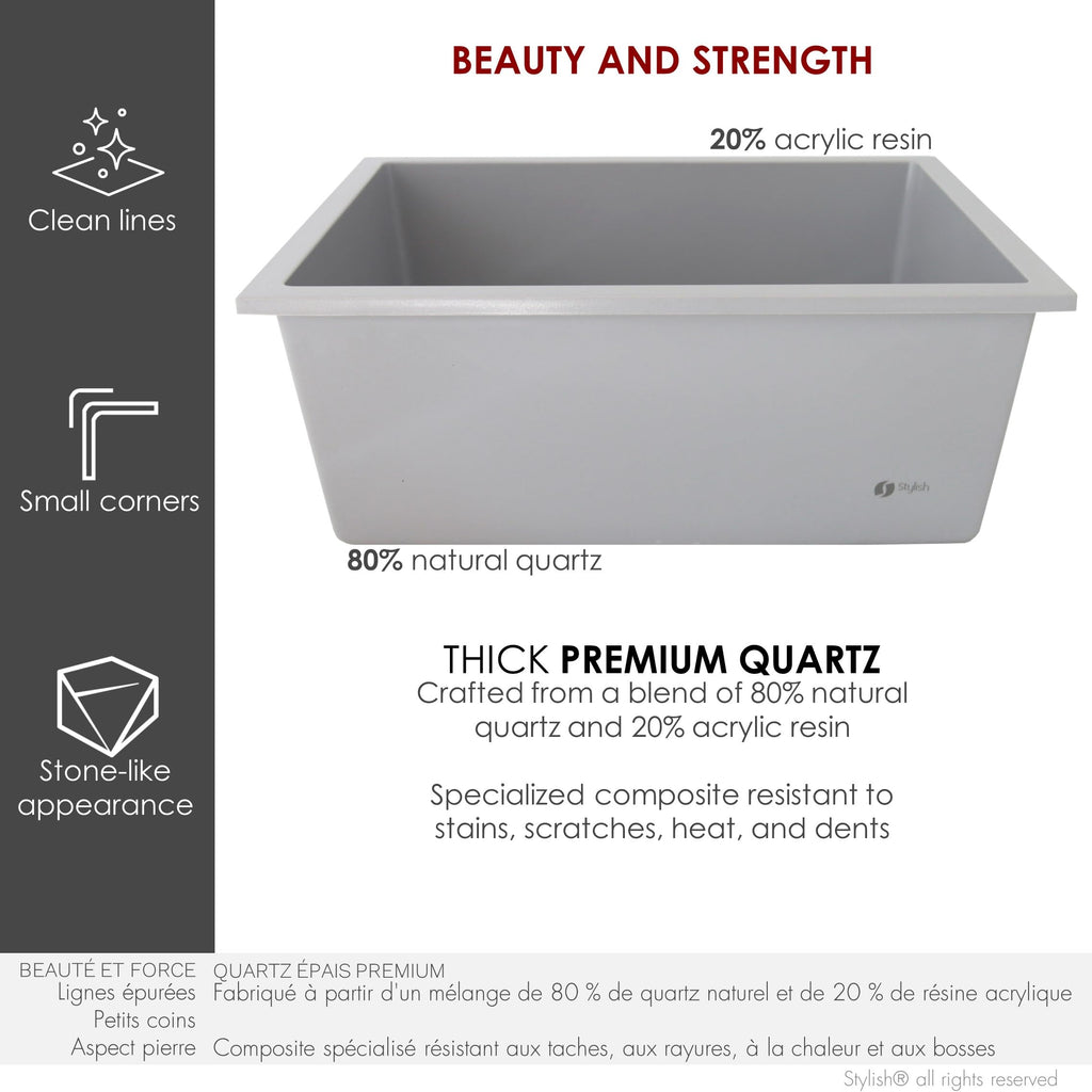 22 x 17.5 Composite Granite Kitchen Sink, Single Bowl Under Mount & Drop in, 8.25 in Deep, Rear-Center Drain, with